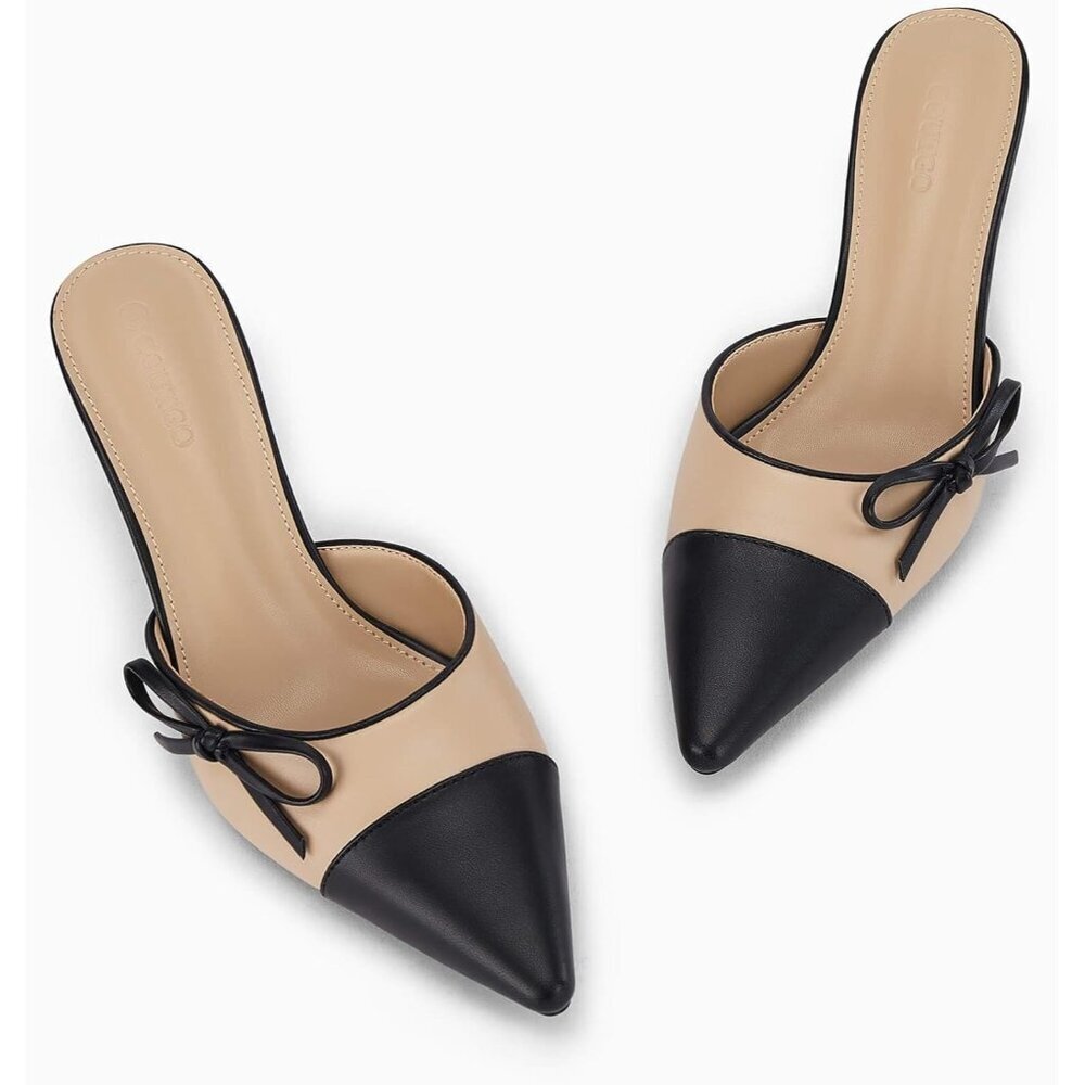 Mules Heels Khaki Faux Leather Closed Pointed Toe Slip On Backless Shoes Pumps - Picture 4 of 6